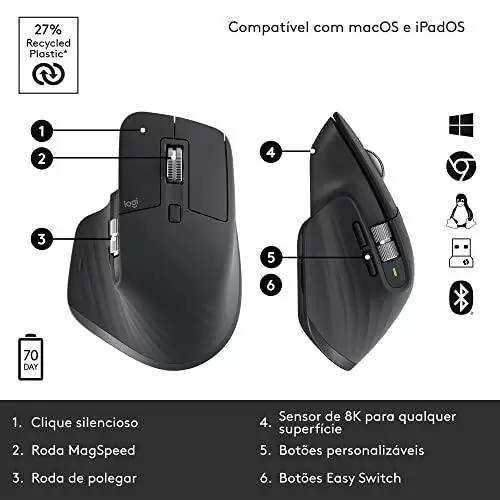         Mouse sem fio Logitech MX Master 3S com Sensor Darkfield para Uso em Qualquer Superfície, Design Ergonômico, Clique Silencioso, Conexão USB ou Bluetooth - Grafite       