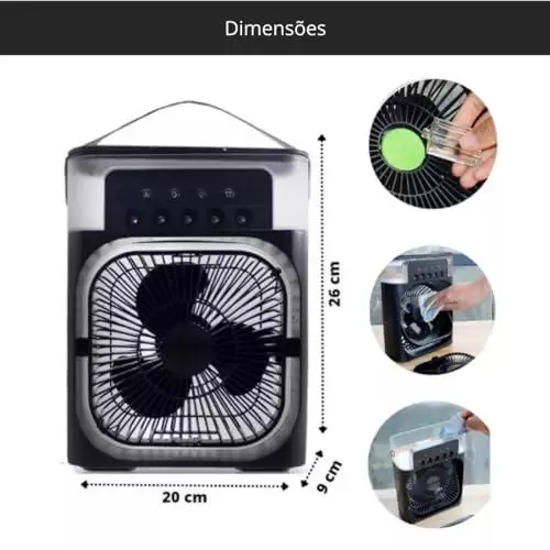         Mini Ar Condicionado Portátil USB Ventilador de Mesa Umidificador Climatizador de Ar Com Tanque de Água Gelo Luz de Led Bivolt 110v 220v (Preto)       