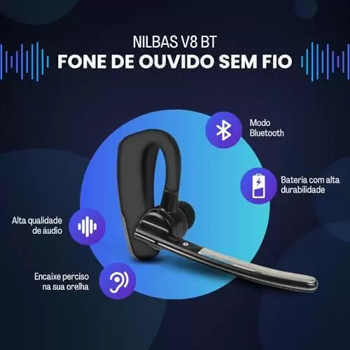         Fone de Ouvido Intra-Auricular Sem Fio V8S BT5.0, Bluetooth, Atendimento de Chamadas, Microfone, Esportes, Gancho de Orelha, Preto, 1 Unidade       