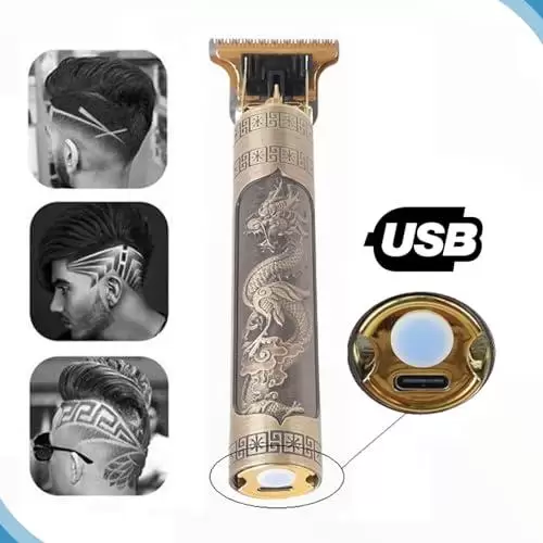         Kit Máquina Profissional De Cortar Cabelo Barba Sem Fio Acabamento Dragão USB Recarregável Com 4 Pentes Óleo Lubrificante e Escova de Limpeza       