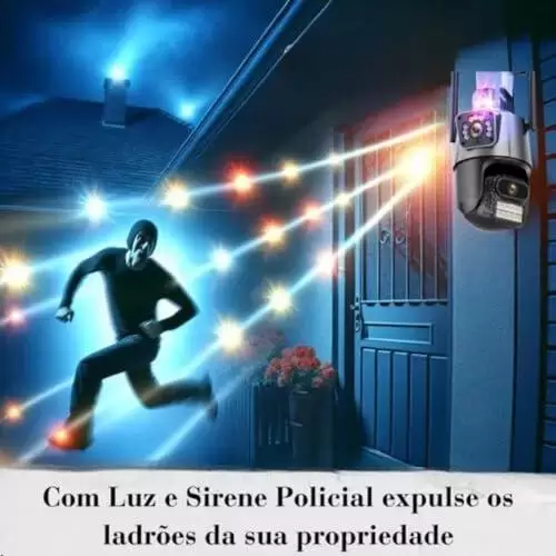         Câmera Wi-Fi 4K de Vigilância Exterior com Visão Noturna, Luz Policial e Sirene, Resistente ao Tempo, com Tela Dupla e Dupla Lente       